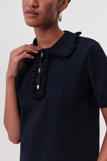 Kısa Kollu Düğmeli Fırfırlı Regular Triko Lacivert Bluz