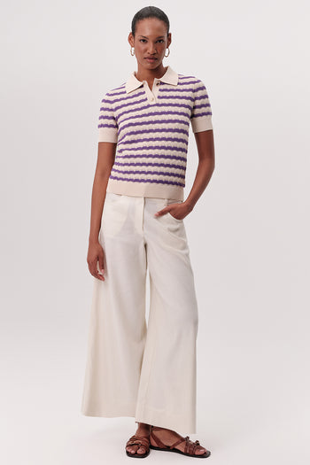 Polo Yaka Kısa Kollu Çizgili Regular Triko Bej Lila Bluz