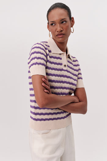 Polo Yaka Kısa Kollu Çizgili Regular Triko Bej Lila Bluz