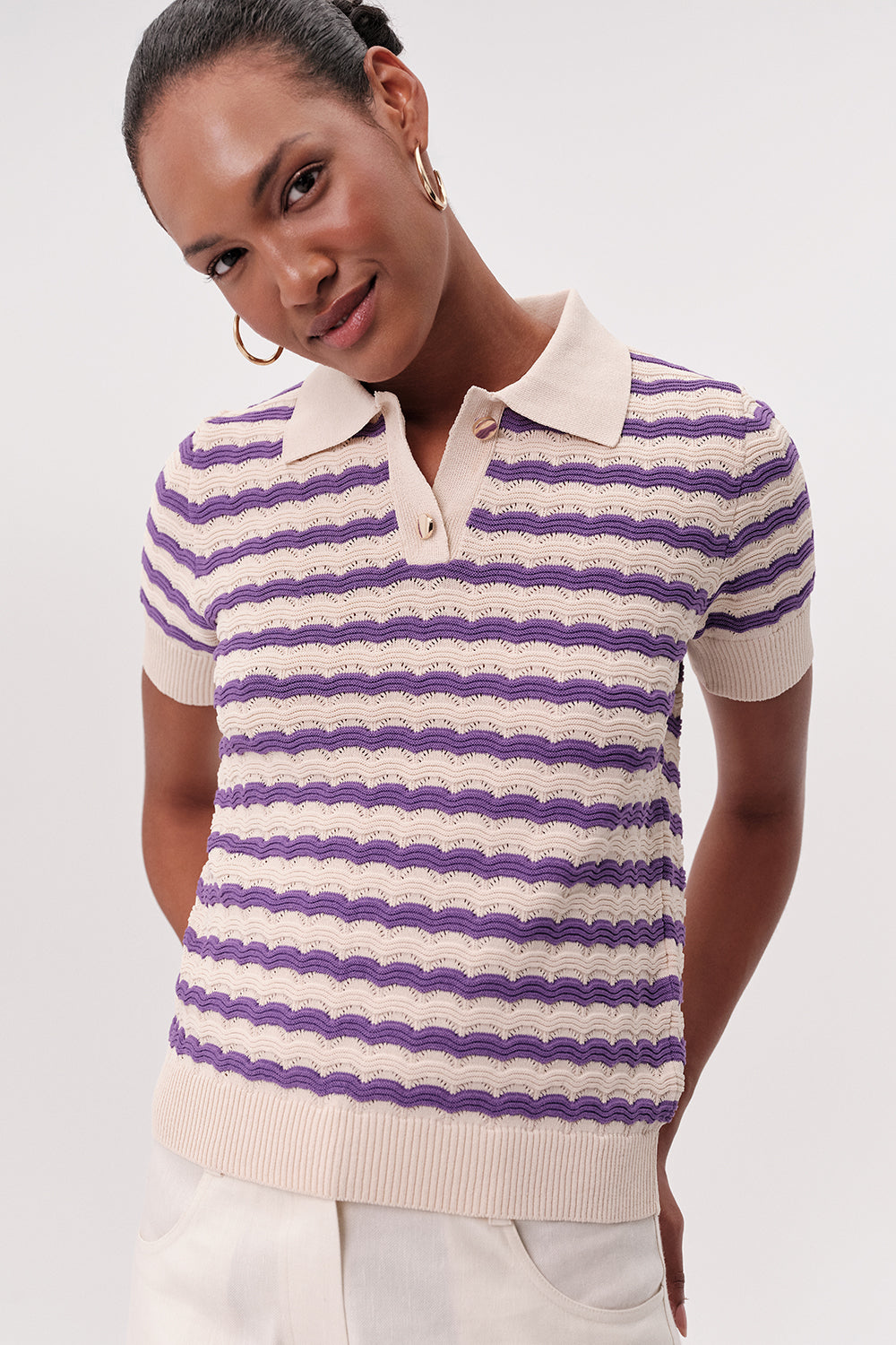 Polo Yaka Kısa Kollu Çizgili Regular Triko Bej Lila Bluz