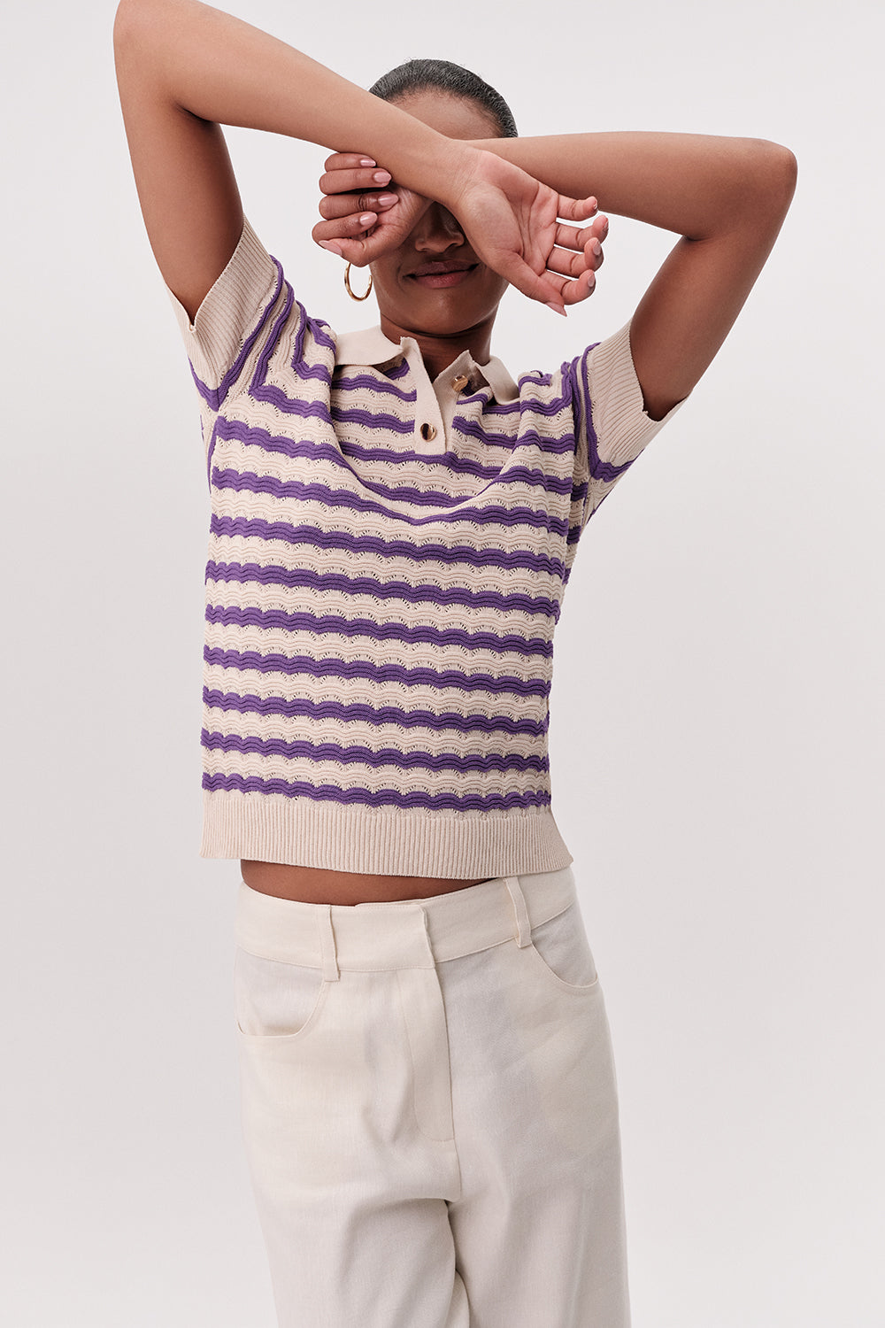 Polo Yaka Kısa Kollu Çizgili Regular Triko Bej Lila Bluz