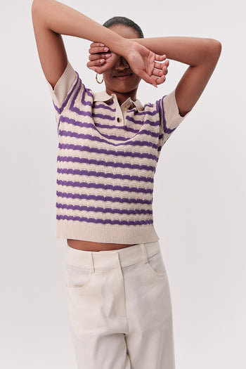 Polo Yaka Kısa Kollu Çizgili Regular Triko Bej Lila Bluz