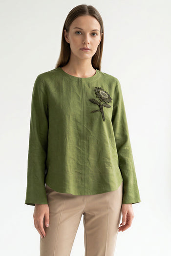 Bisiklet Yaka Uzun Kollu Yakası İşlemeli Keten Regular Haki Bluz