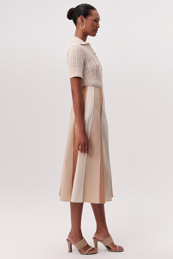 Yüksek Bel Parçalı Gizli Fermuarlı Kloş Midi Çok Renkli Etek