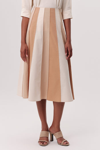 Yüksek Bel Parçalı Gizli Fermuarlı Kloş Midi Tan Etek