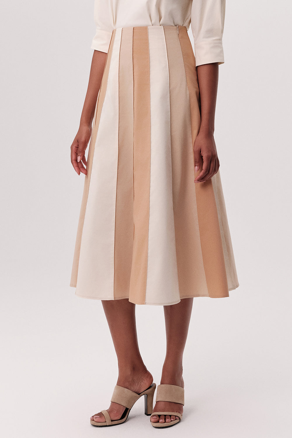 Yüksek Bel Parçalı Gizli Fermuarlı Kloş Midi Tan Etek