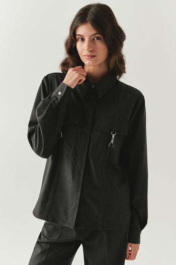 Cepleri Aksesuarlı Uzun Kol Regular Dokuma Gri Gömlek