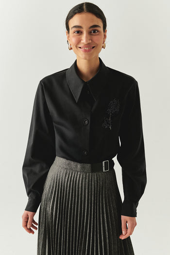 Çiçek İşlemeli Uzun Kollu Regular Siyah Gömlek