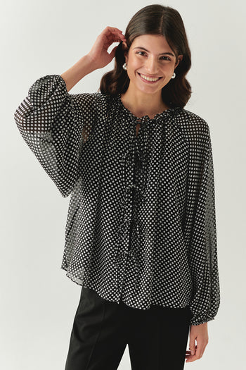 Puantiyeli Uzun Kollu Bağcıklı Regular Gri Siyah Gömlek