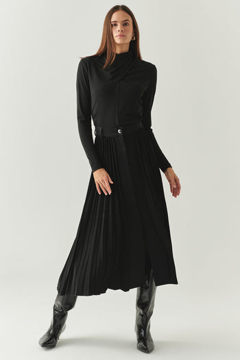 Yırtmaçlı Detaylı Regular Piliseli Denim Garnili Midi Siyah Etek