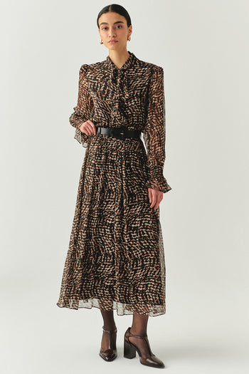 Leopar Desenli Astarlı Kemerli Regular Midi Etek