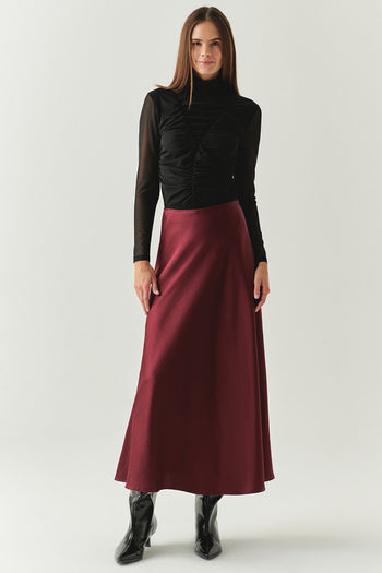 Yandan Fermuarlı Yüksek Bel Grogren Detaylı Saten Regular Vişne Midi Etek