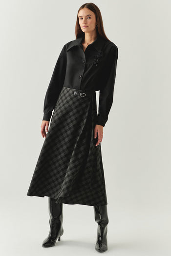 Ekose Desenli Anvelop Regular Midi Antrasit Etek