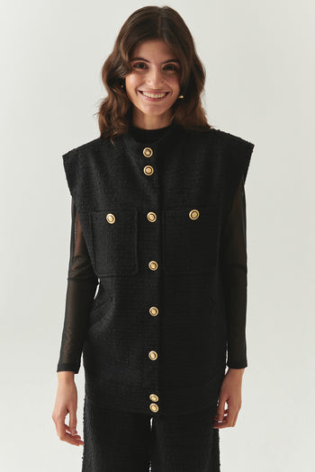 Düğme Detaylı Cepli Regular Dokuma Siyah Yelek