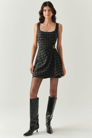 Kare Yaka Taş Detaylı Ekose Slim Fit Astarlı Antrasit Mini Elbise