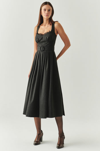 Yakası Dantelli Kuplu Taşlı Tokalı Kemerli Regular Midi Gri Elbise