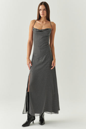 Puantiyeli Degaje Yaka Yırtmaçlı Regular Midi Gri Siyah Elbise