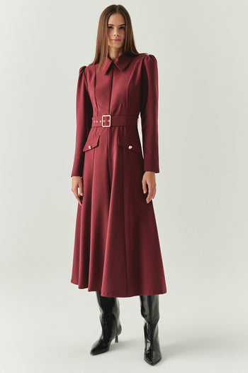Önden Fermuarlı Kemerli Uzun Kol Slim Fit Vişne Midi Elbise