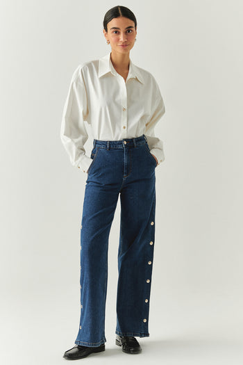 Yanları Çıt Çıtlı Cepli Geniş Paça Regular Denim İndigo Pantolon