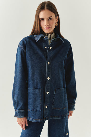 Metal Düğme Detaylı Regular Cepli Denim İndigo Ceket