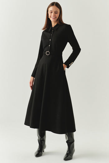 Kemerli Gömlek Yaka Cepli Slim Fit Midi Siyah Örme Elbise