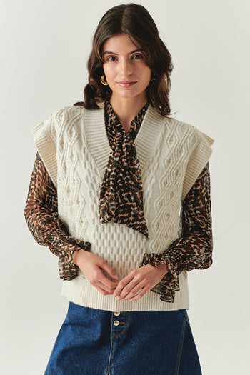 V Yaka Taş İşlemeli Kolsuz Oversize Triko Ekru Süveter