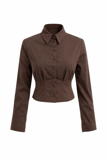 Gömlek Yaka Uzun Kollu Pile Detaylı Crop Regular Kahve Gömlek