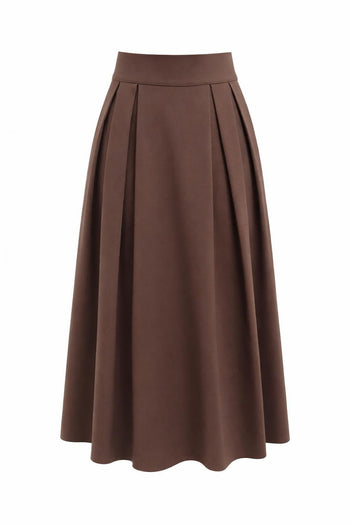 Pileli Arkası Lastikli Cepli Regular Midi Kahve Etek