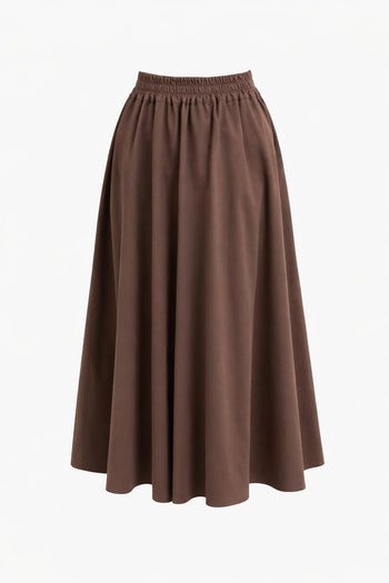 Pileli Arkası Lastikli Cepli Regular Midi Kahve Etek