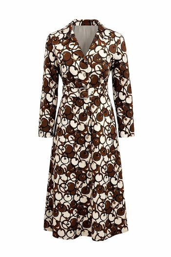 Uzun Kol Bele Oturan Önden Düğmeli Maksi Boy Kahverengi Elbise