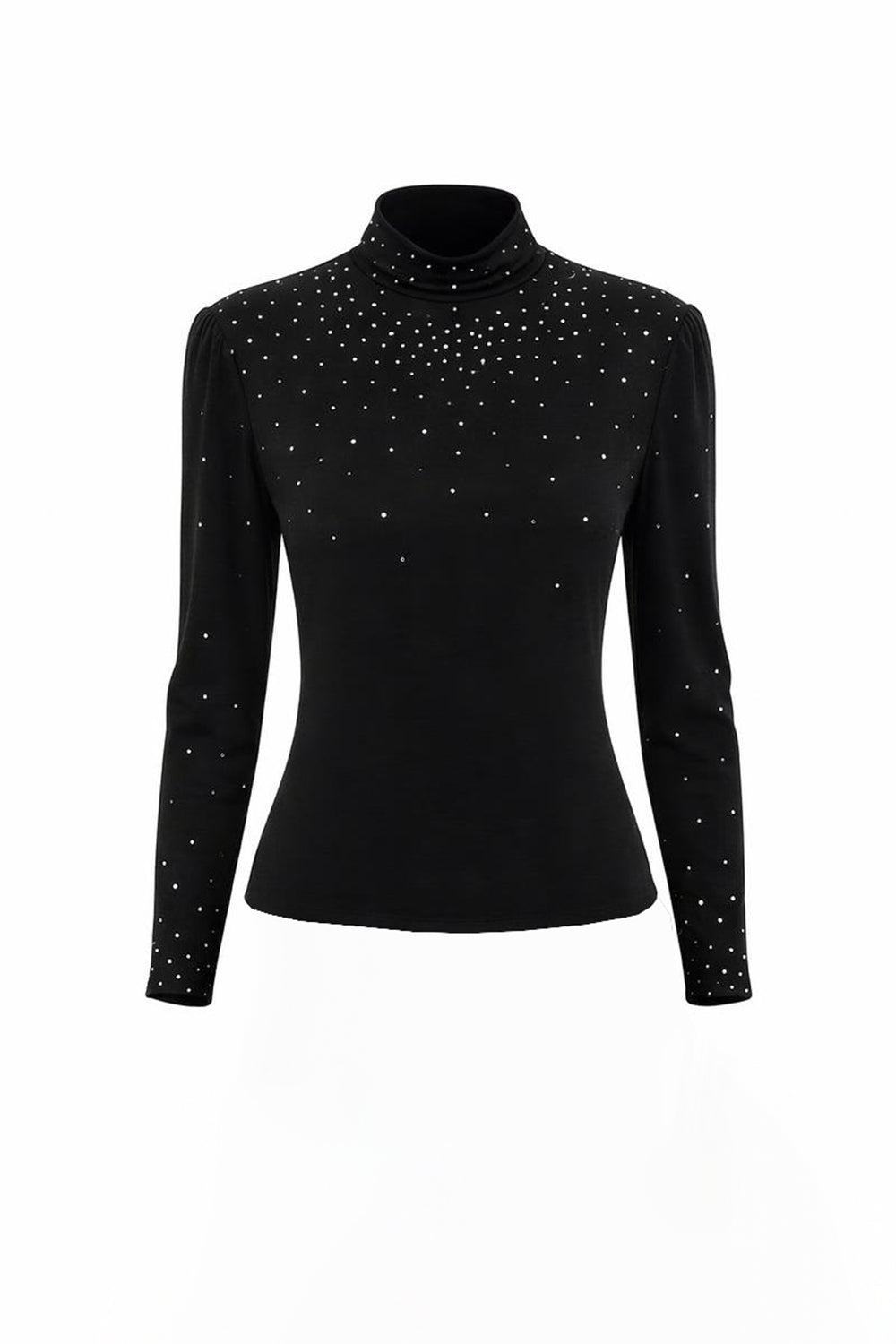 Dik Yaka Taşlı Likralı Slim Fit Siyah Örme Bluz