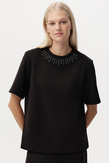 Taş Detaylı Bisiklet Yaka Kısa Kollu T-Shirt