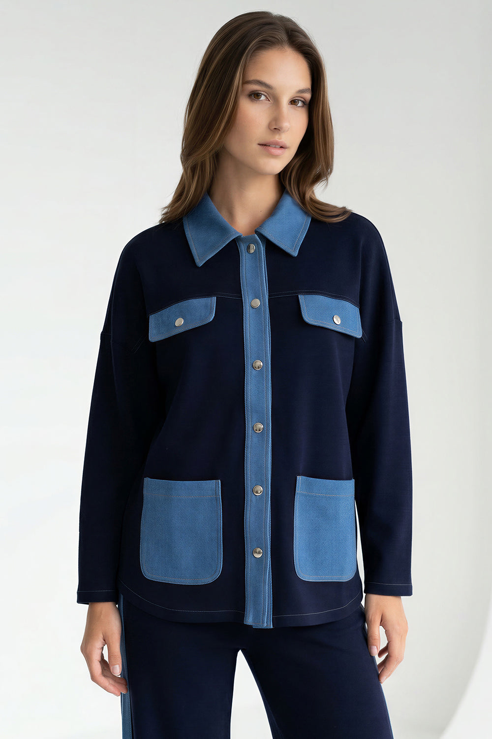 Uzun Kollu Gömlek Yaka Cepli Örme Regular Lacivert Ceket