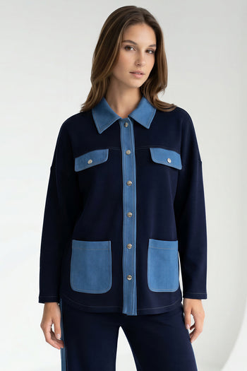 Uzun Kollu Gömlek Yaka Cepli Örme Regular Lacivert Ceket