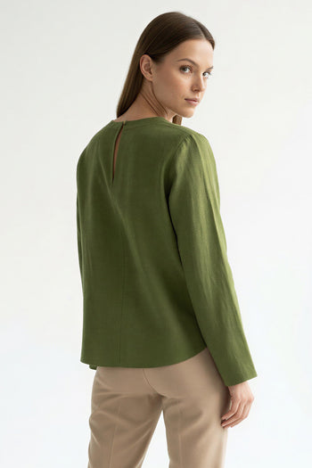 Bisiklet Yaka Uzun Kollu Yakası İşlemeli Keten Regular Haki Bluz