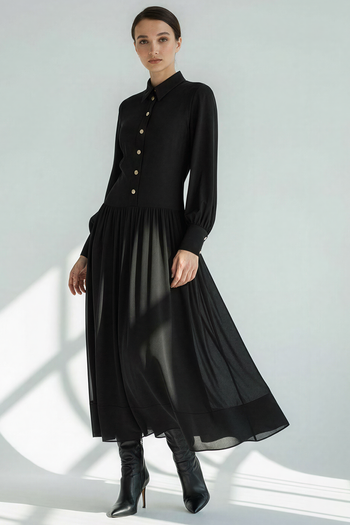 Gömlek Yaka Düğmeli Astarlı Regular Midi Elbise