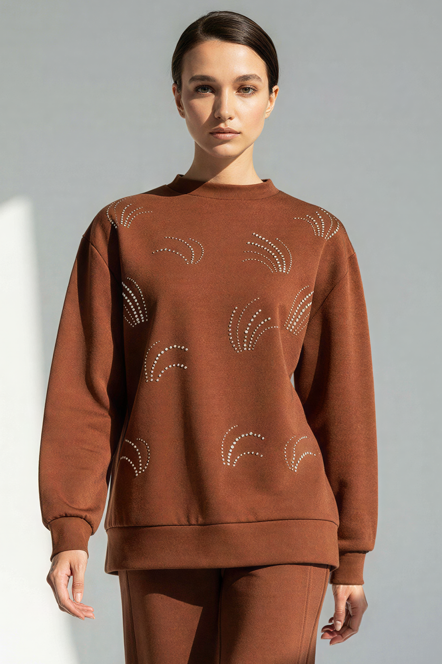 Desenli Taş İşlemeli Regular Uzun Kol Taba Sweatshirt