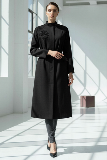 Taş İşlemeli Dik Yaka Kemerli Regular Trençkot