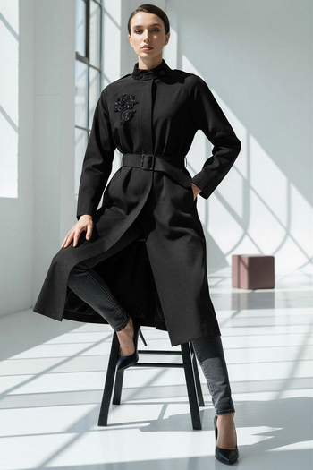 Taş İşlemeli Dik Yaka Kemerli Regular Trençkot