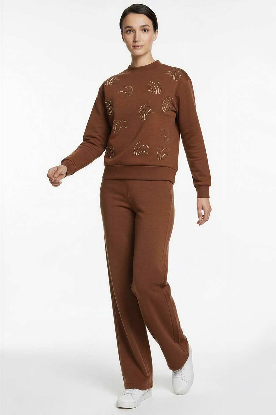 Desenli Taş İşlemeli Regular Uzun Kol Taba Sweatshirt