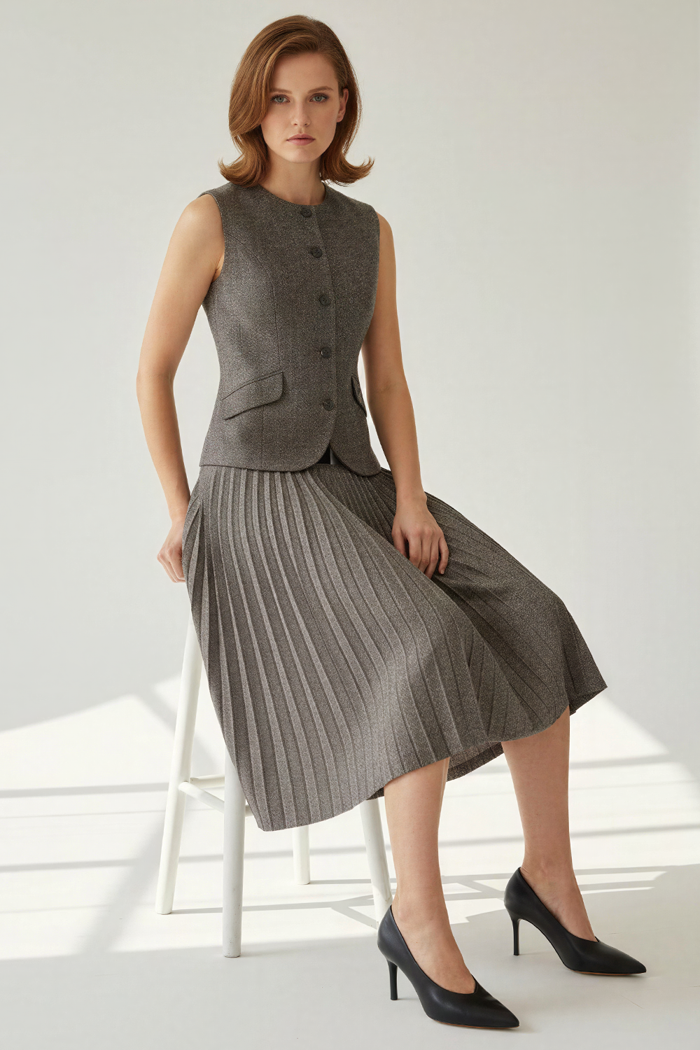 Balık Sırtı Desenli Pilisoley Yüksek Bel Tokalı Regular Midi Etek