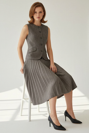 Balık Sırtı Desenli Pilisoley Yüksek Bel Tokalı Regular Midi Etek