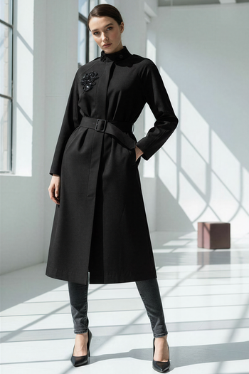 Taş İşlemeli Dik Yaka Kemerli Regular Trençkot