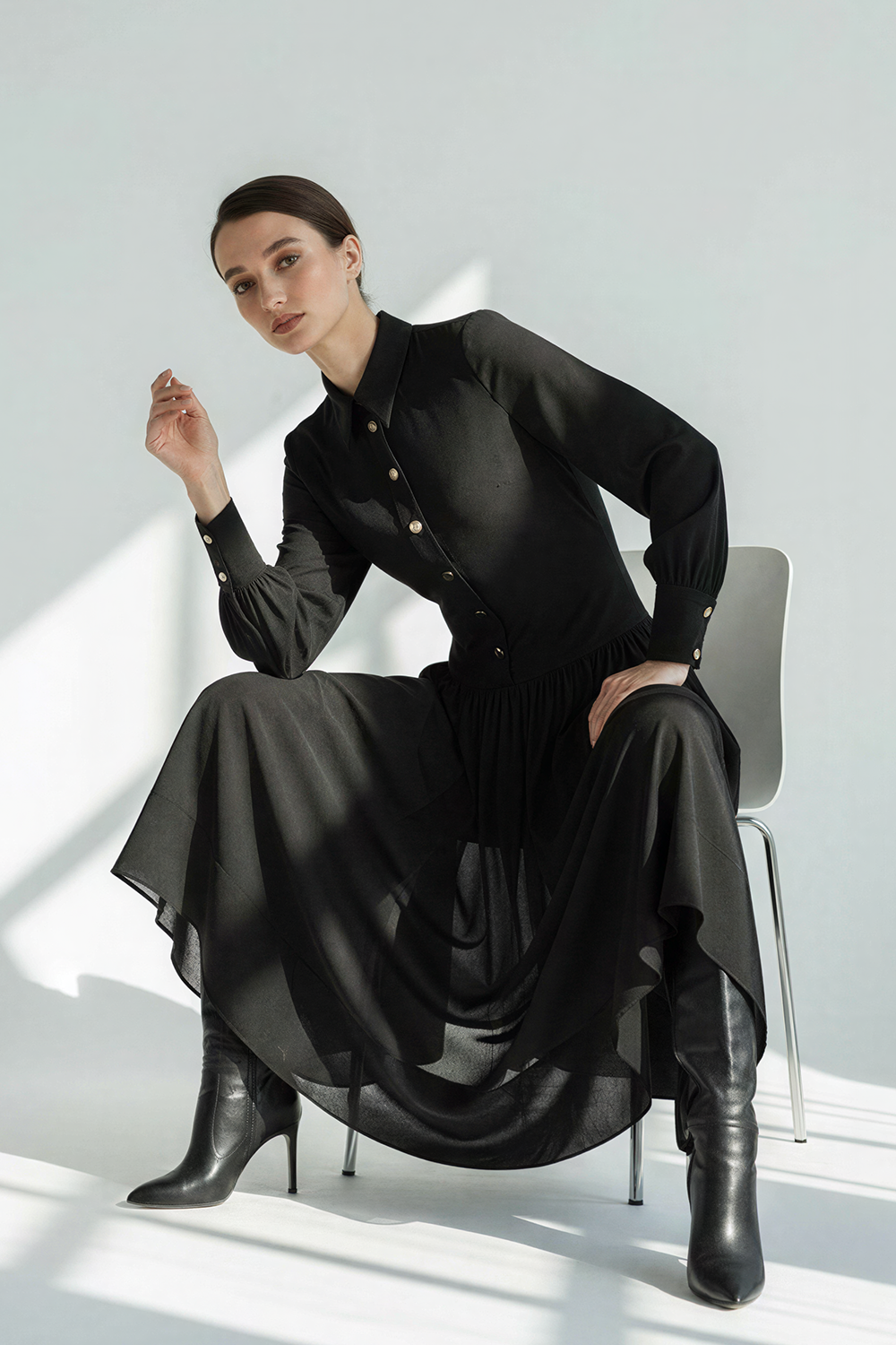 Gömlek Yaka Düğmeli Astarlı Regular Midi Elbise