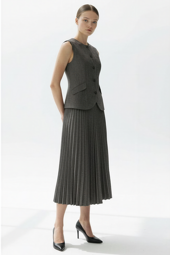 Balık Sırtı Desenli Pilisoley Yüksek Bel Tokalı Regular Midi Etek