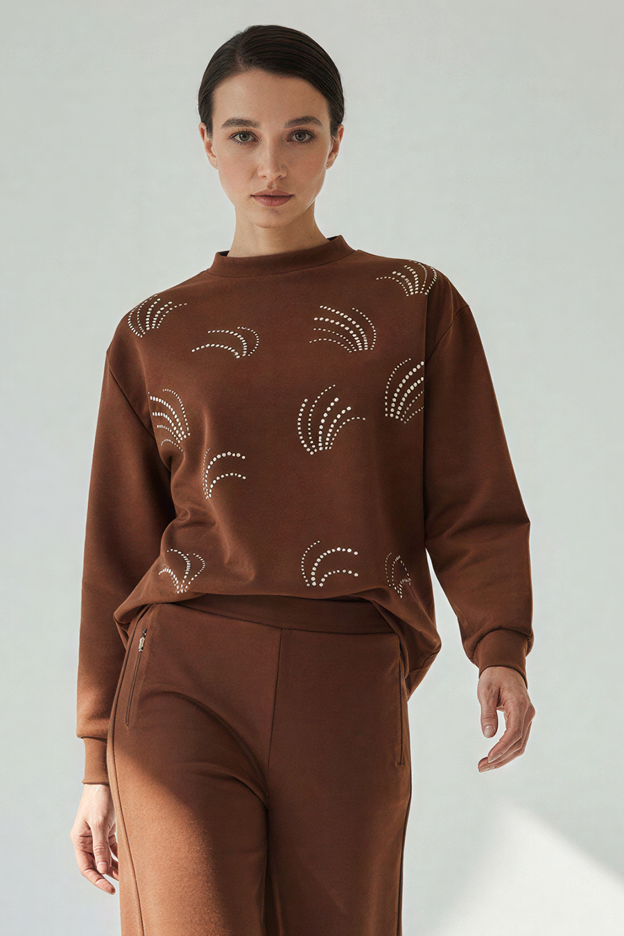 Desenli Taş İşlemeli Regular Uzun Kol Taba Sweatshirt