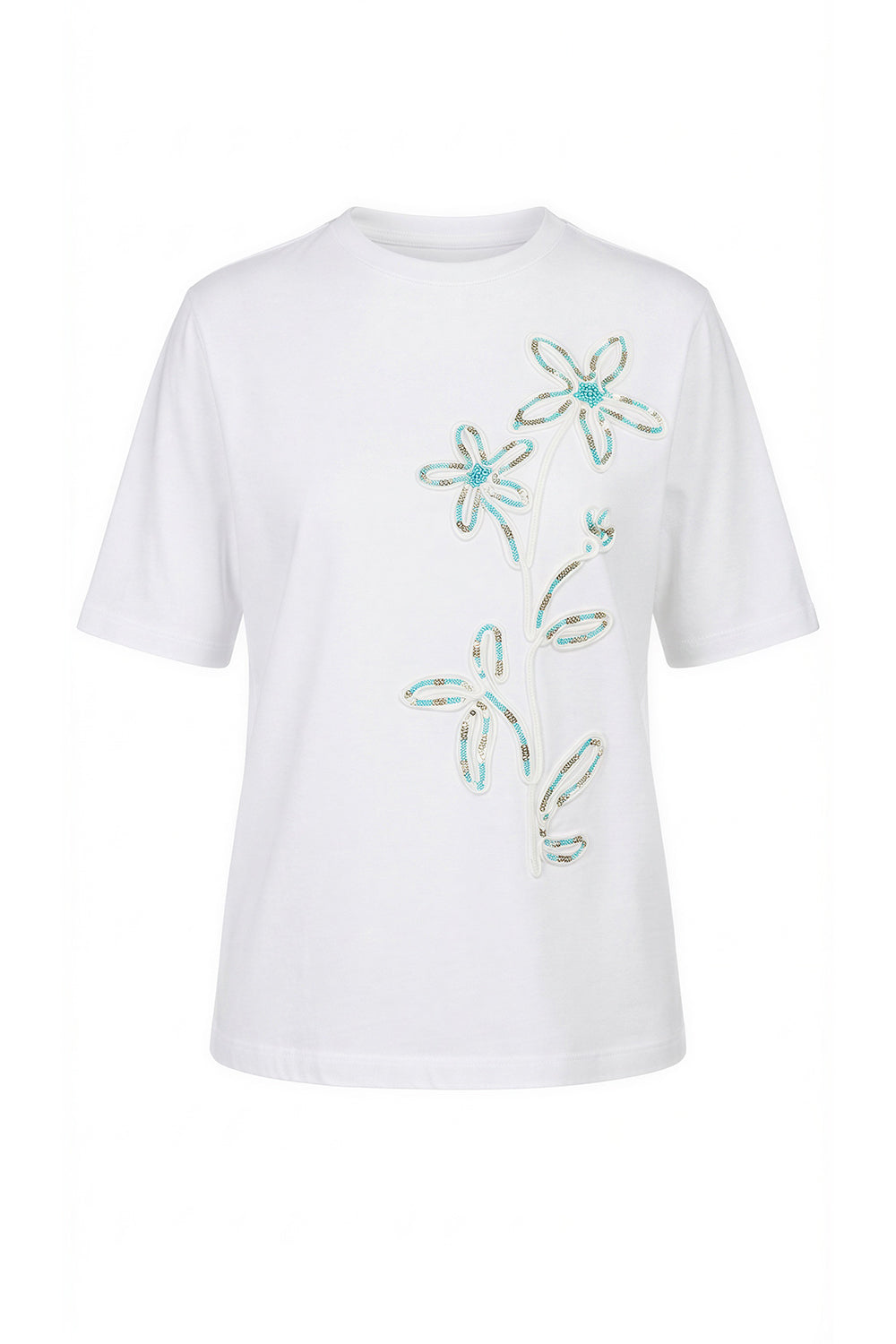 Çiçek İşlemeli Bisiklet Yaka Kısa Kollu Regular Örme Beyaz Turkuaz Tişört