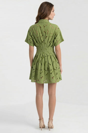 Kısa Kollu Delikli Gömlek Yaka Slim Fit Mini Yeşil Elbise